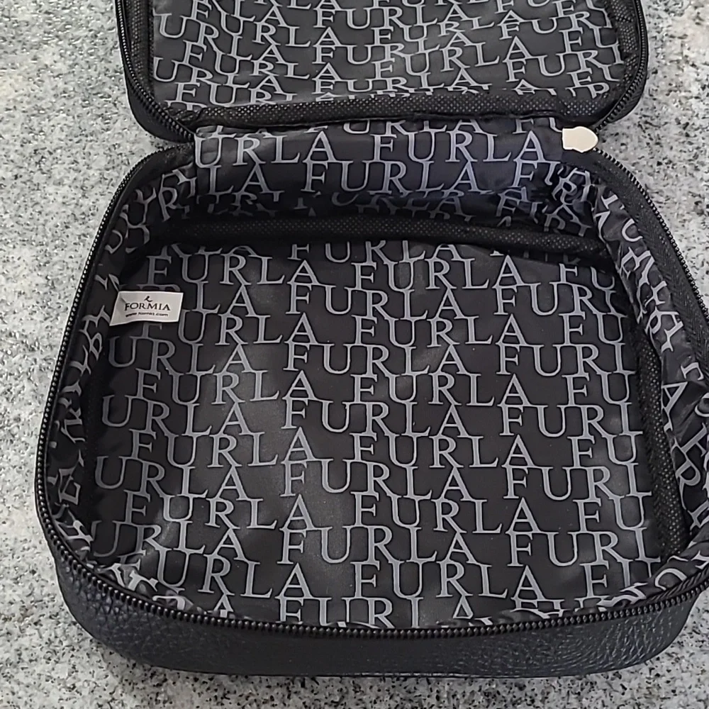 Furla Unisex Black Pebbled Leather Travel Zipper Cosmetics Case